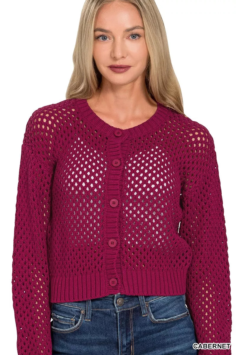Zenana Button Down Lightweight Crochet Cardigan Sweater CABERNET 5865b81f86b8483c996a675039580a4f-Max-Origin