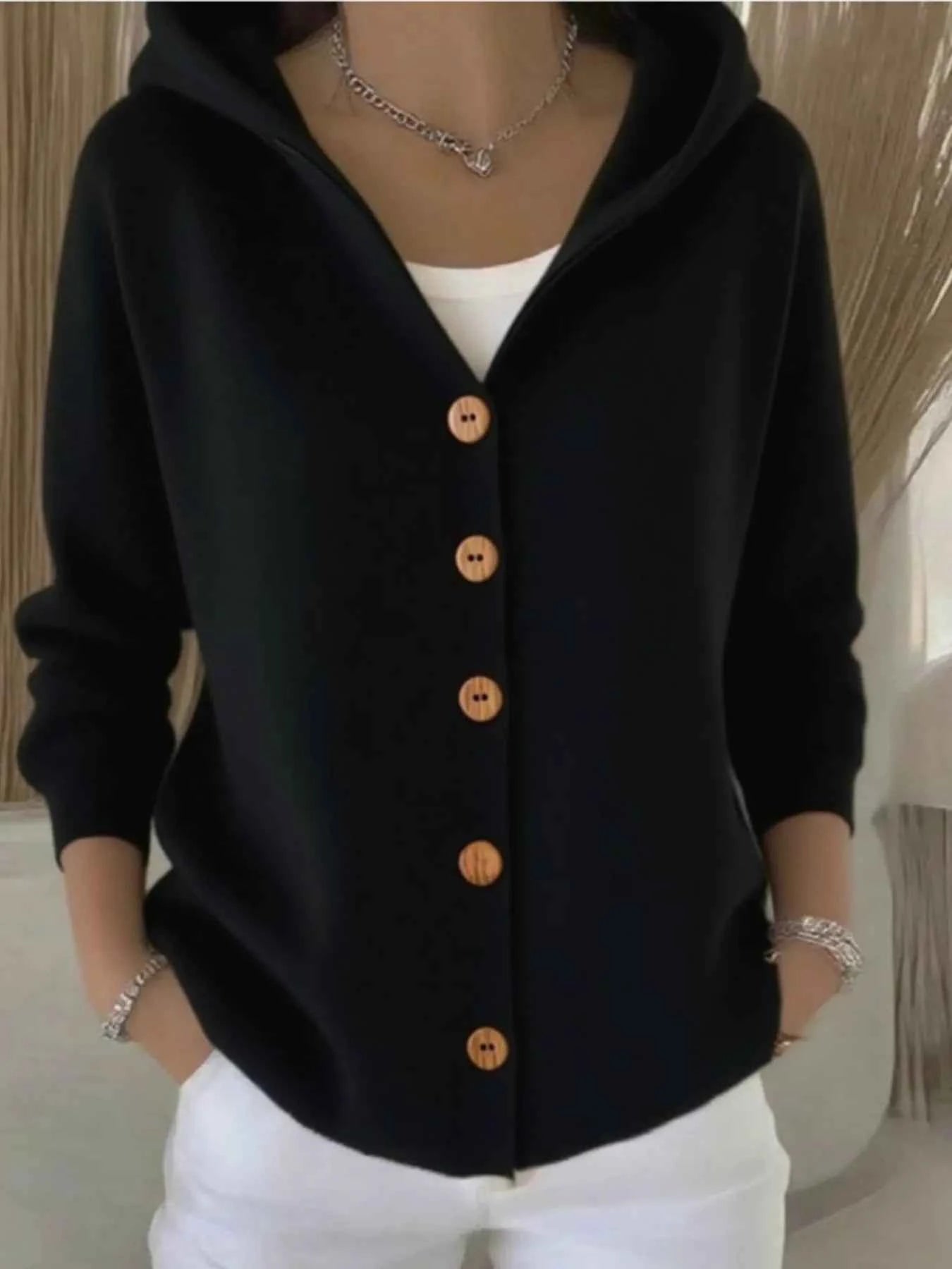 Full Size Hooded Button-Front Soft Knit Cardigan Plus Size Black 5866cc545d05434b8249d5708fd74a3d-Max-Origin
