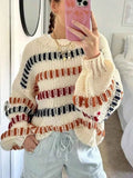 Striped Round Neck Long Sleeve Sweater Beige 586ba20f-1eec-4c51-817b-e70b6668aa0b-Max-Origin