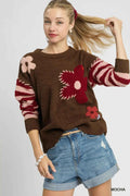 Umgee Flower Jacquard Striped Long Sleeve Sweater Mocha 586c3e14-a90f-48f3-a0b9-f9278ec45c3f-Max-Origin
