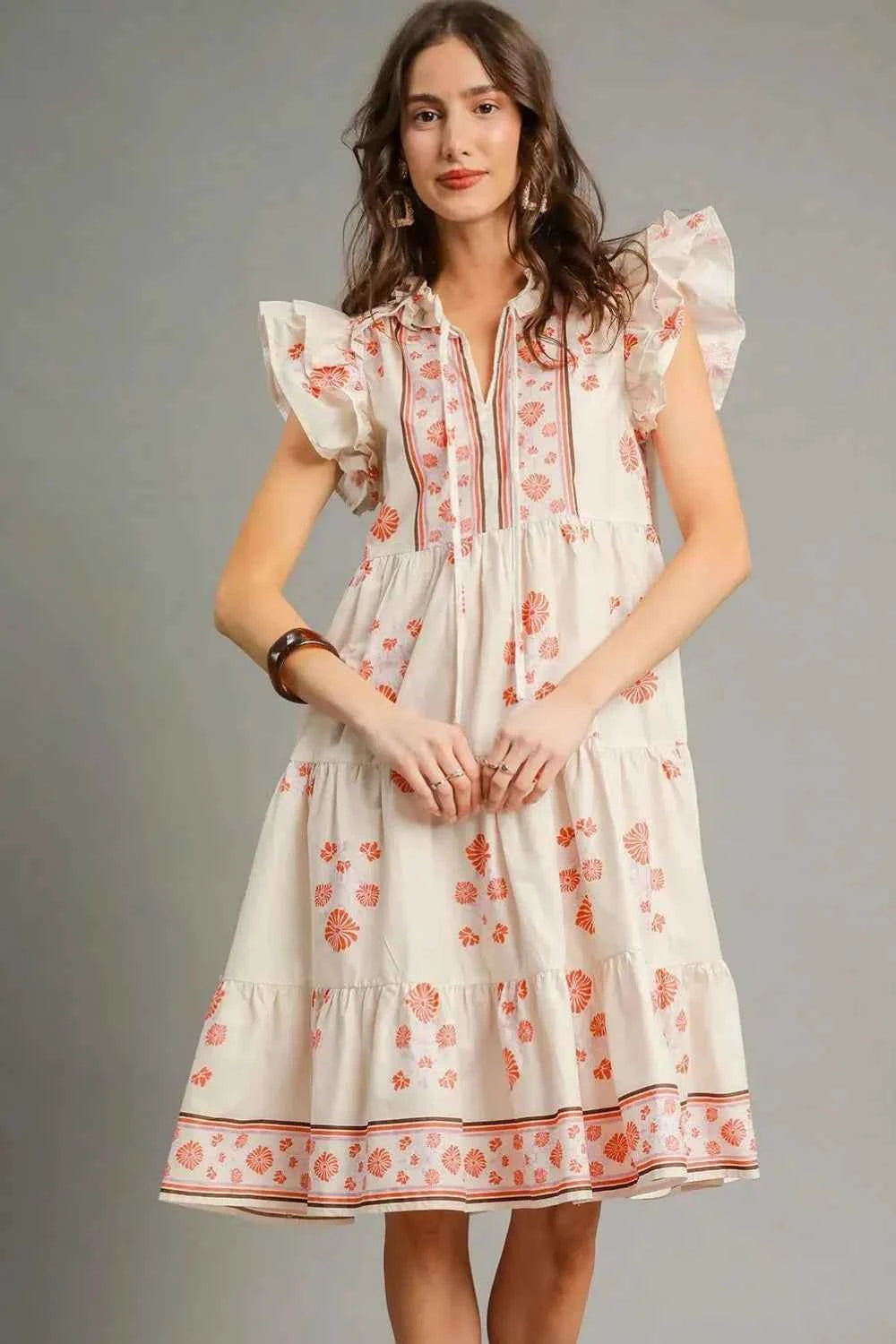 Umgee Printed Tie Neck Ruffle Cap Sleeve Dress Burnt Coral 586db9c4-ccb1-4eac-9e05-36fd2d6beb1b-Max-Origin