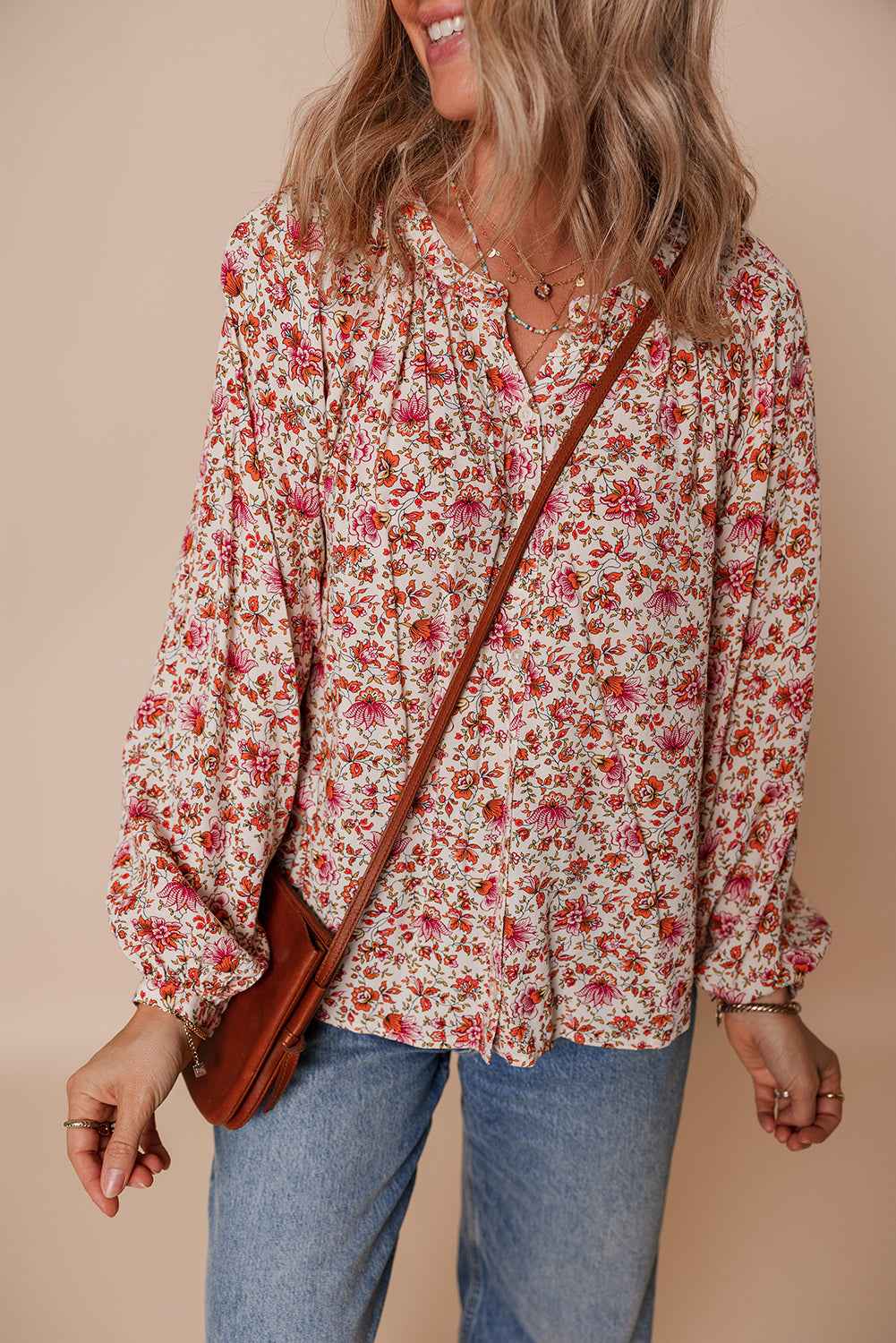 Red Floral Print Pleated Detail Notched Neck Puff Sleeve Blouse 586f8fda064aacf0