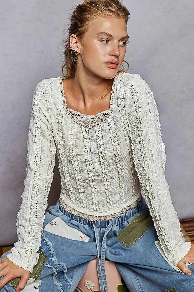 POL Texture Long Sleeve Blouse with Floral Ruffled 58755a25-cb14-4800-8f4d-1b963db7d51e-Max-Origin