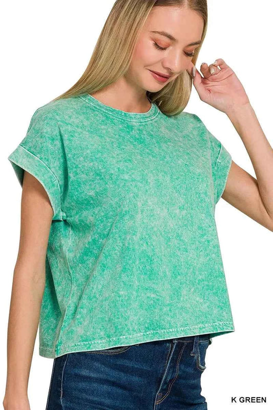 Zenana Halo Washed Cotton Cuffed Short Sleeve Top 58771b3347c5459ab1345d2541e96b0d-Max-Origin