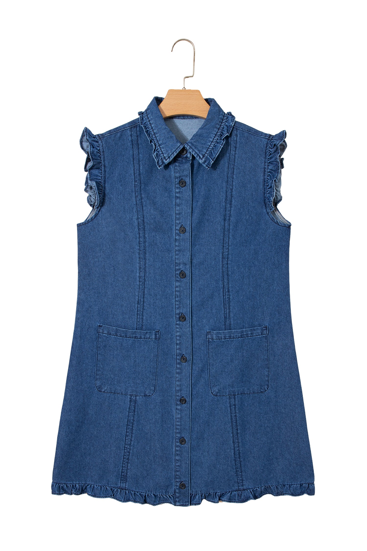 Sail Blue Ruffled Edge Collared Shift Denim Dress with Pockets 5878b0b1402880da