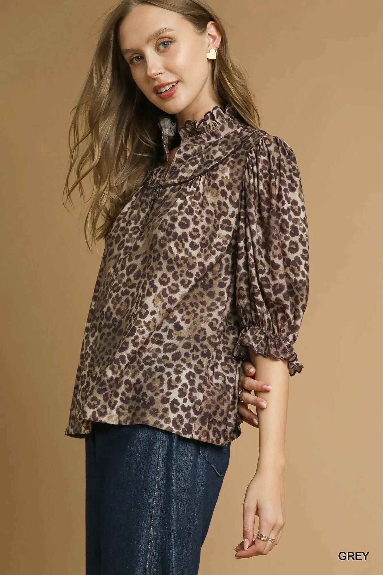 Umgee Leopard Print Ruffle Neck Blouse 587d806c-42a8-4378-96c2-536e7e143a90-Max-Origin