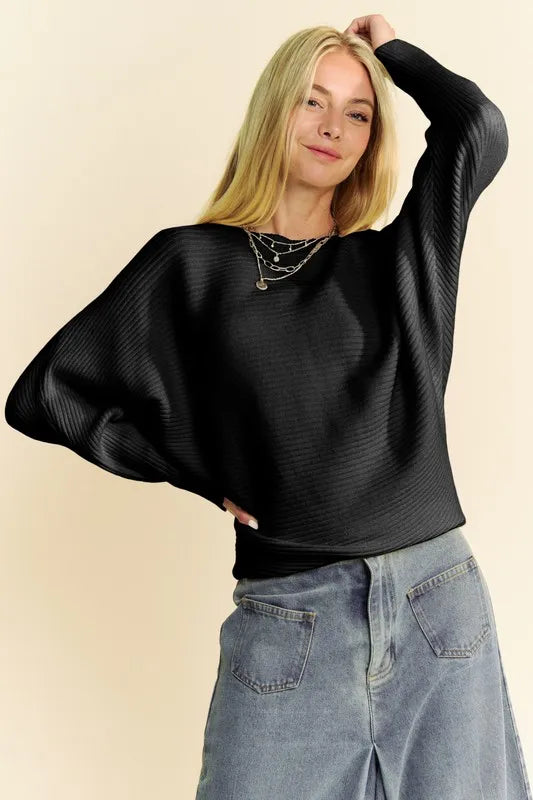 Davi & Dani Round Neck Batwing Sleeve Sweater Black 587f193e-00d2-4344-97c1-9bc881917bdf-Max