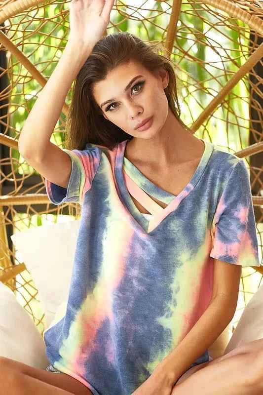 BiBi Tie Dye Terry V Neck Top With Double Strap 58820b89c43a4b468d297d262007f2b0-Max-Origin