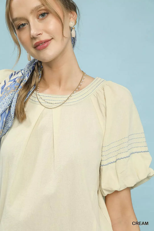 Round Neck Puff Sleeve Top with Contrast Stitch Detail 58847700-628c-43a1-a396-7af30e2e5c5f-Max-Origin