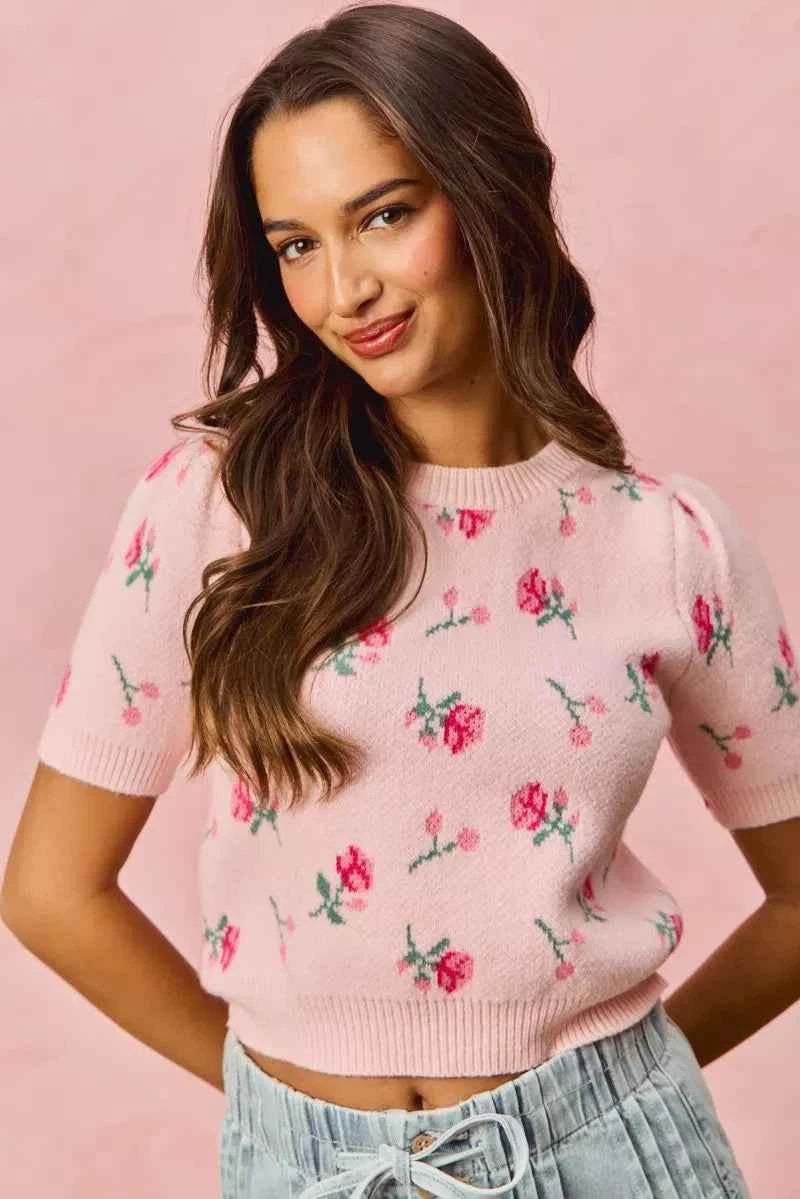 SO ME Floral Pattern Knit Puff Sleeves Sweater Top 5884cc84571e4a2da477f48bd8558242-Max-Origin