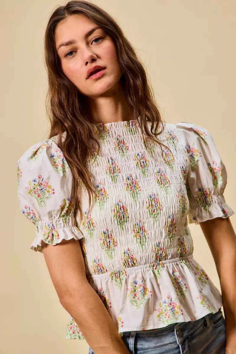 SO ME Floral Cotton Smocked Short Sleeves Blouse 5886fe8a8ad24e85b443fc4856108d19-Max-Origin