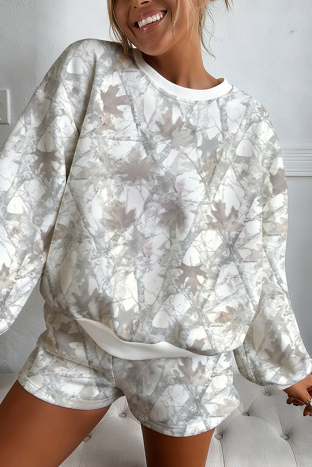 Brown Camouflage Print Round Neck Drop Sleeve Shorts Set 588c0f7479d96ec9