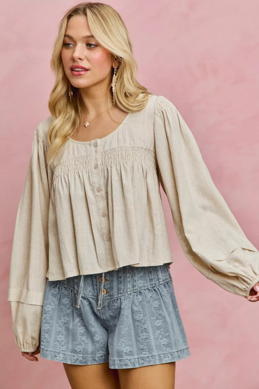 Linen Blend Long Sleeve Smocked Top - Buttoned Loose Fit 5898395d-892b-4135-9663-92b2477aef97-Max-Origin