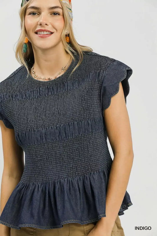 Smocked Peplum Top with Scalloped Ruffle Cap Sleeves 58993d4a-9b9c-4a36-99a3-ae84864854ce-Max-Origin
