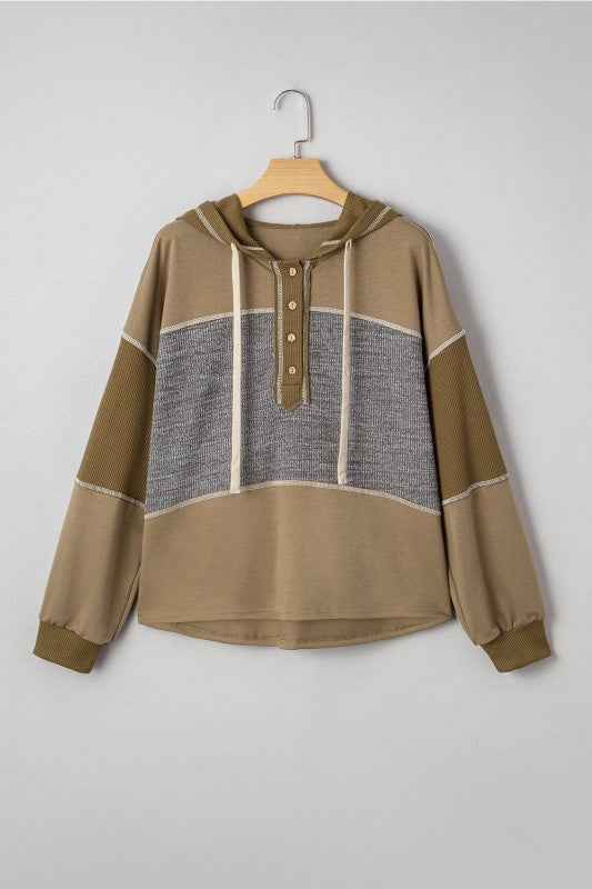 Waffle Knit Patchwork Buttoned Hooded Sweatshirt Jungle Green 589e969e-b882-437a-be4c-df7ba775d91f