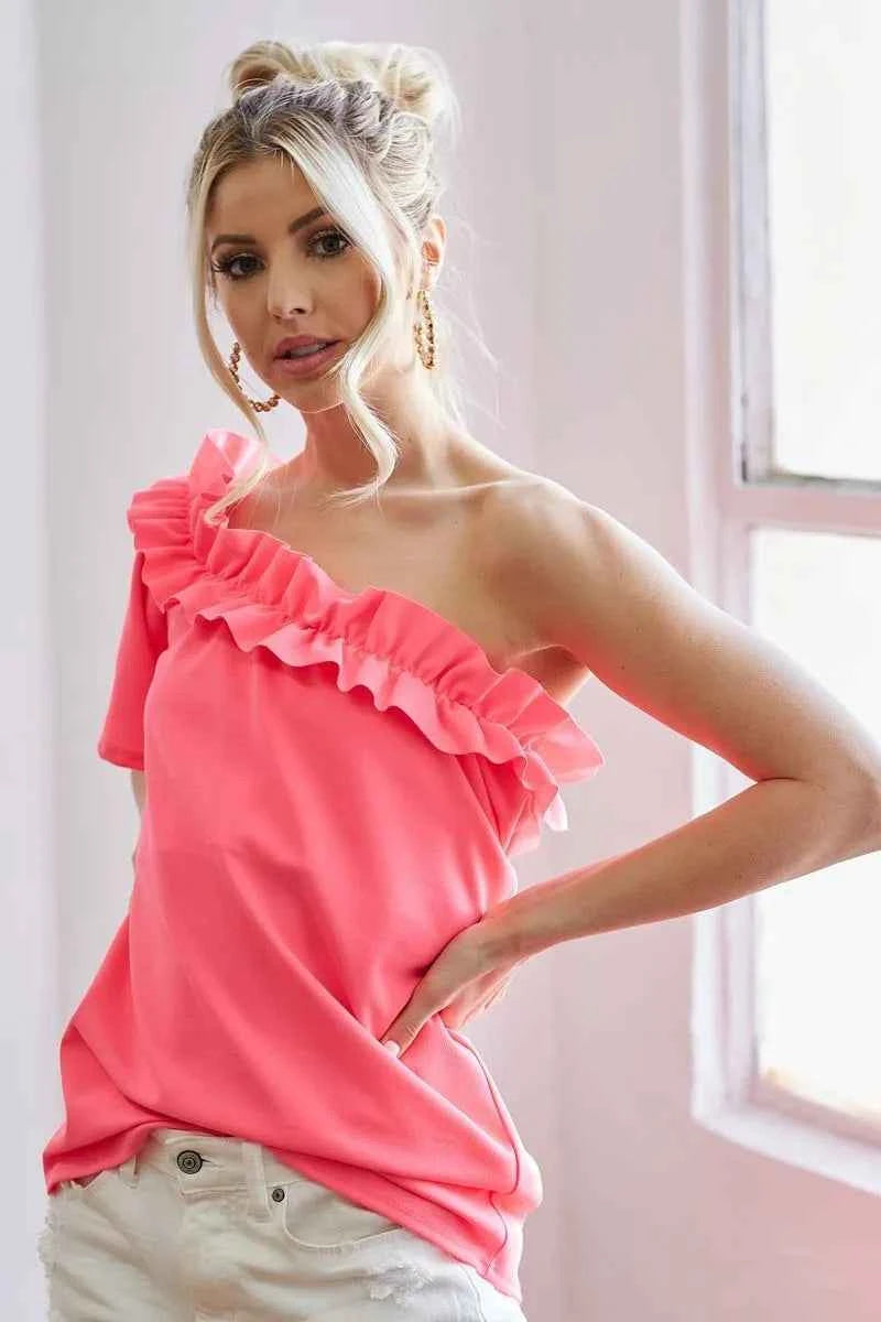 Ruffled Asymmetrical Crepe One Shoulder Top NEON PINK 58a0e422ecdb47f5aa706b3b042d736c-Max-Origin