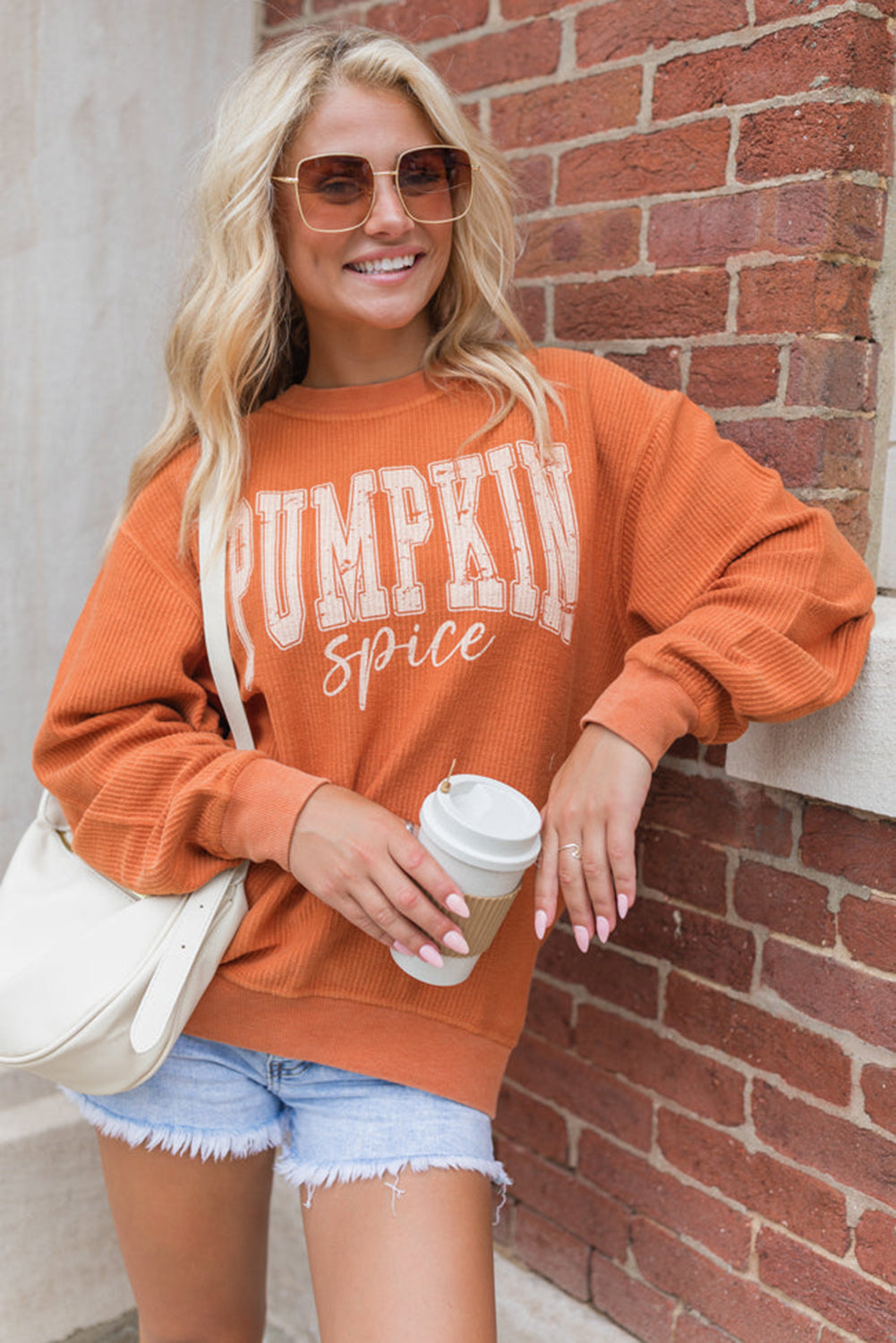 Orange Crinkle Ribbed PUMPKIN Spice Graphic Crewneck Sweatshirt 58a18fc8ec1eb945