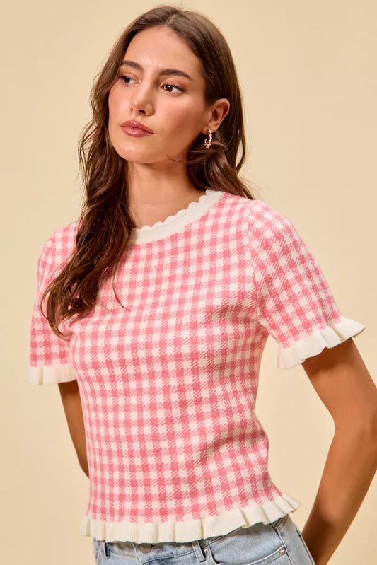 Gingham Knit Ruffled Short Sleeves Sweater Top 58a42543-fca9-47ad-91af-0e0a93821d09-Max-Origin