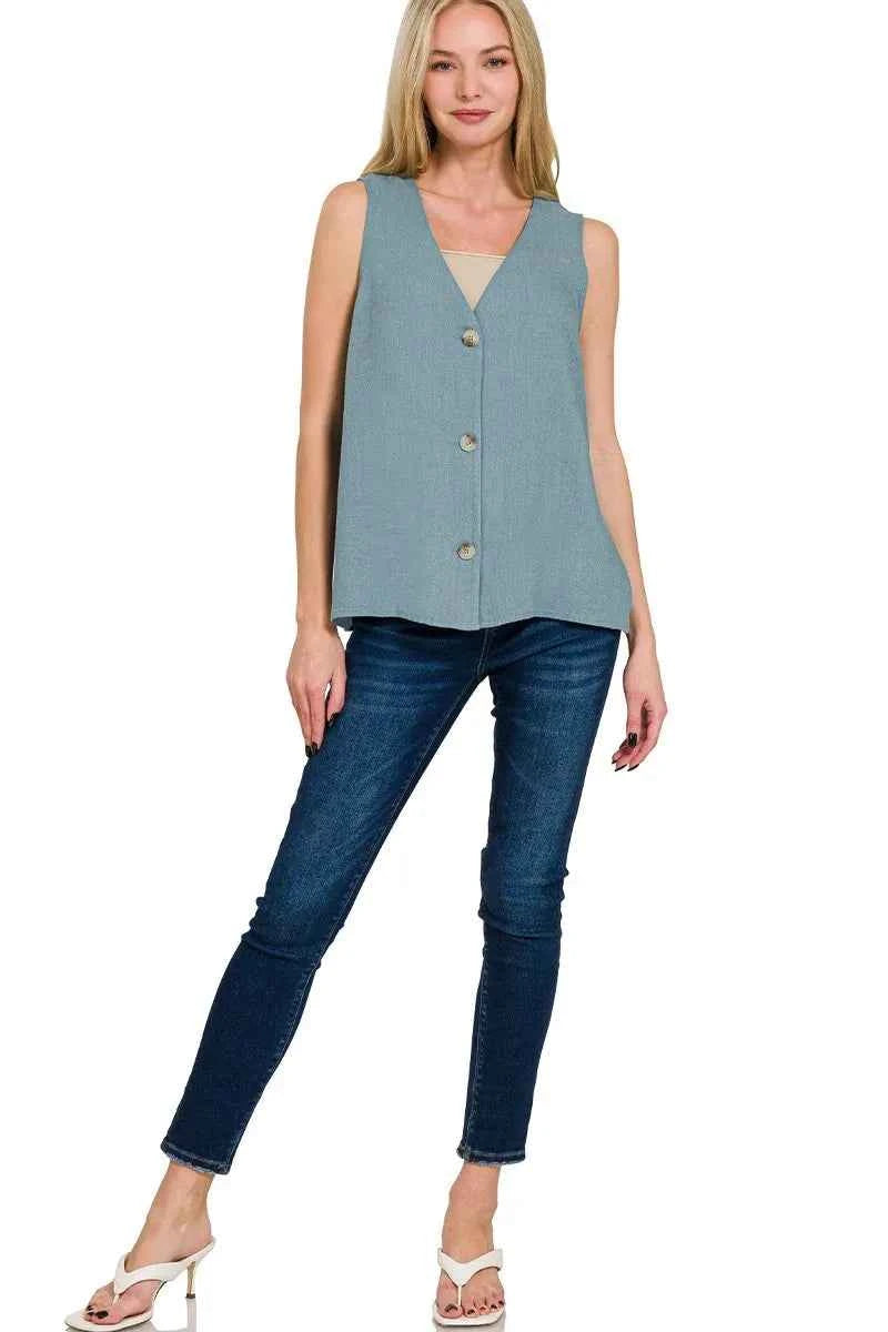 Zenana Side Slit Button-Front Vest 58ae8198747c4bafbca39aea5b88995f-Max-Origin