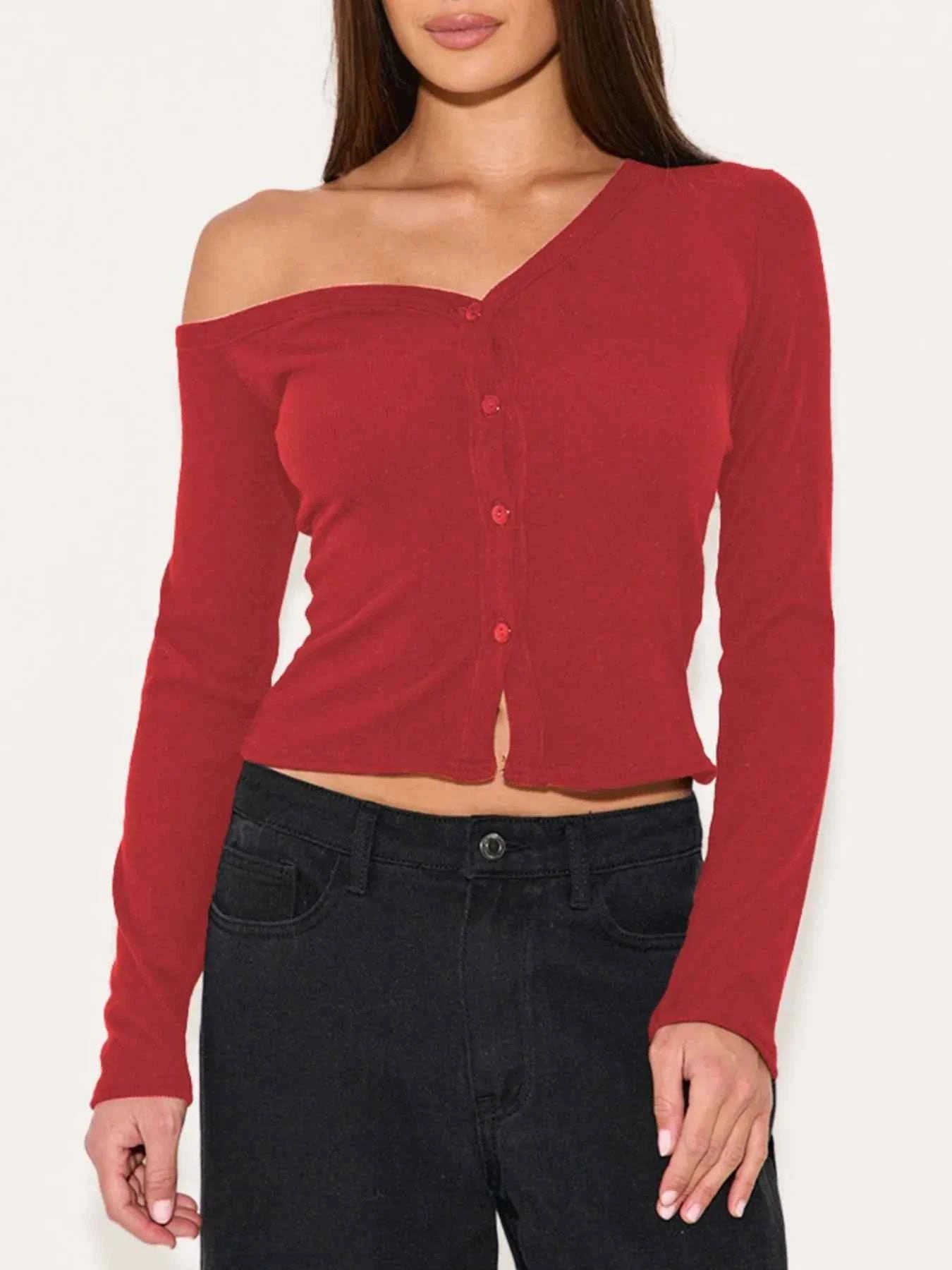 Asymmetrical Neck Button Up Cardigan Scarlet 58b47914-04e7-4cd1-b6c5-5f976e7cce31-Max-Origin