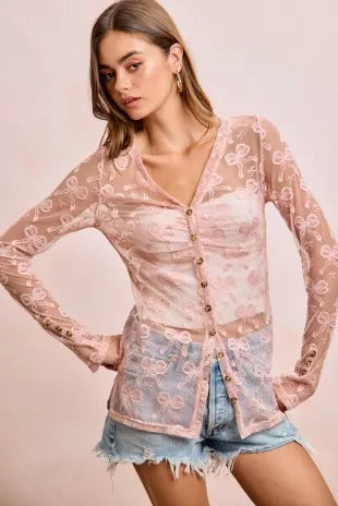 Bow Pattern Shrried V-neck Mesh Cardigan Top 58b58c4eb32a4c08bfcc1467fa8af2c2-Max-Origin
