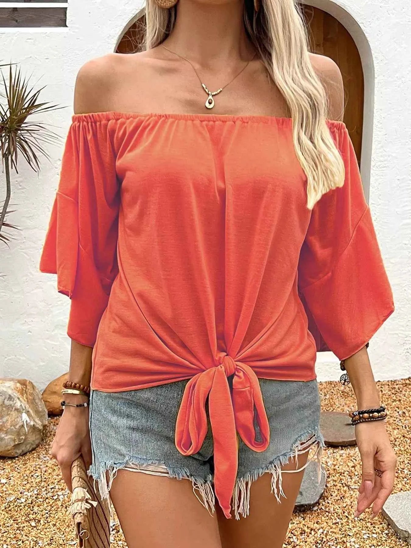 Off-Shoulder Tie-Front T-Shirt Red 58b75715241f4ca6ae7846a398212338-Max-Origin
