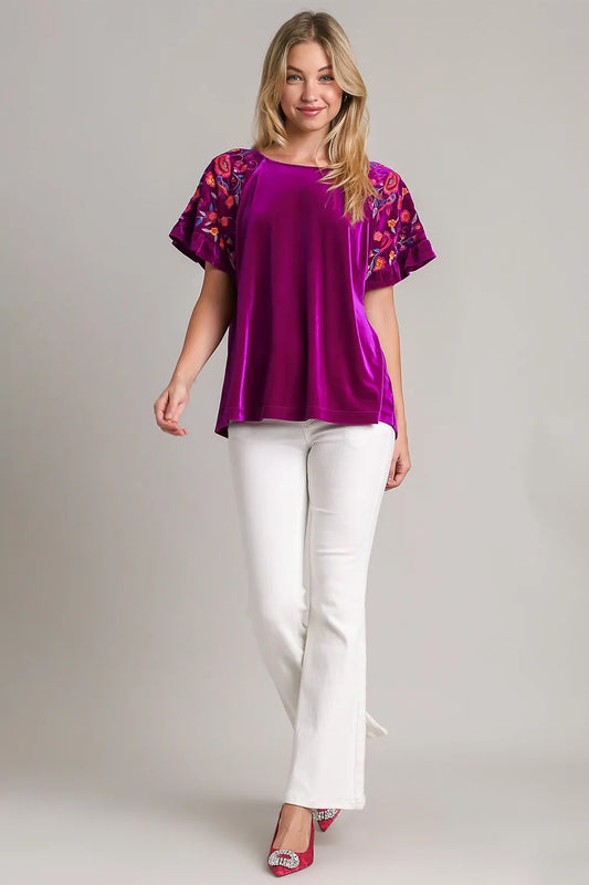 Full Size Velvet Embroidery Short Sleeve Blouse 58b75869-64d3-48d1-9147-9c44c5273098-Max