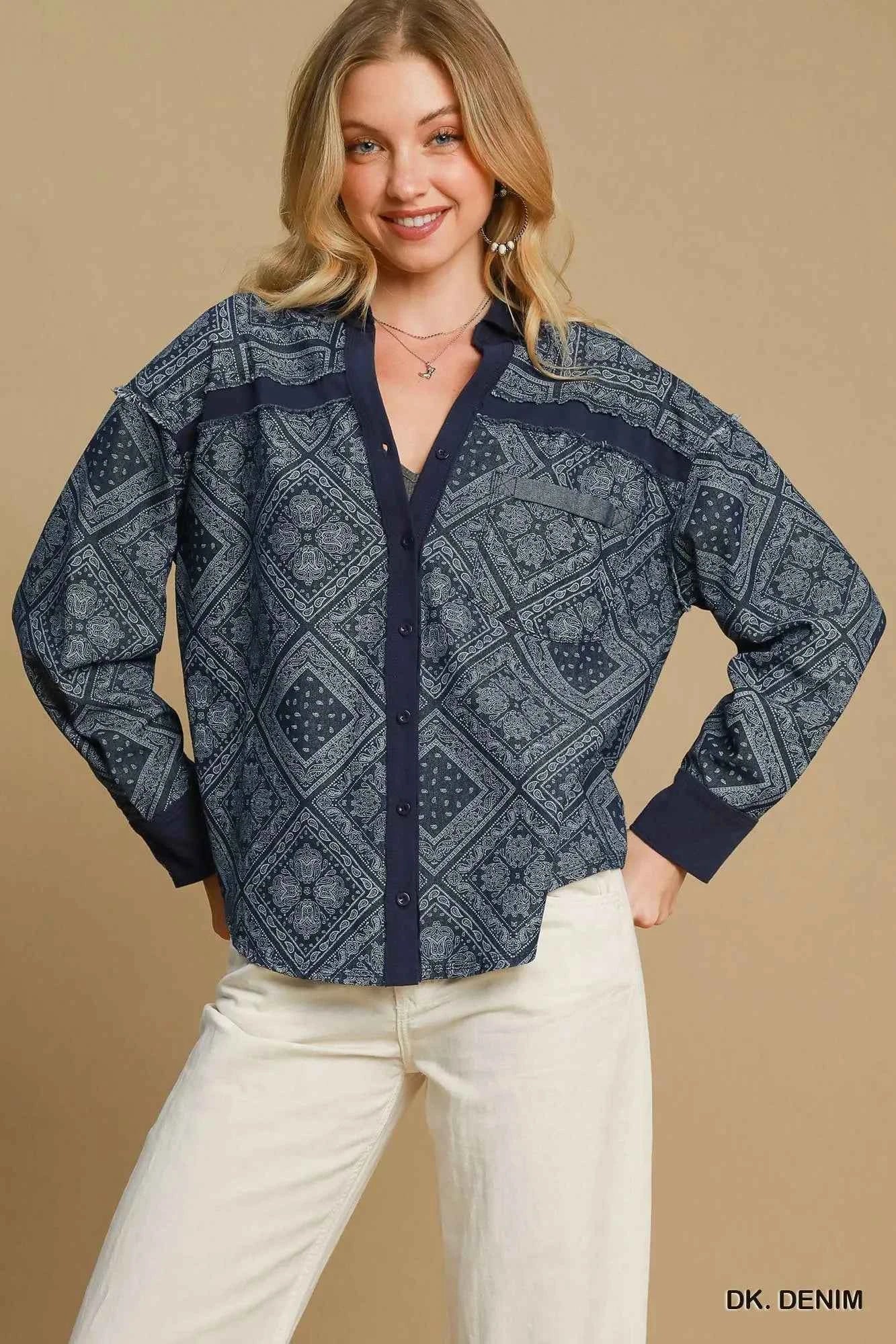 Umgee Paisley Print Denim Shirt Jacket DK. DENIM 58b7c880-392d-41af-a423-7d621a0f4fa3-Max-Origin