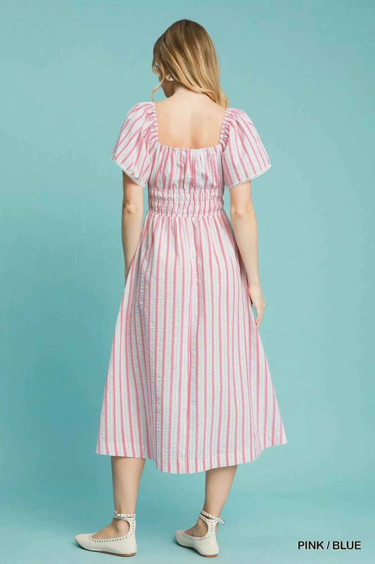 Smocked Striped Short Sleeve Midi Dress 58bcb212-029d-4ef0-a2d5-de60a1616d8b-Max-Origin
