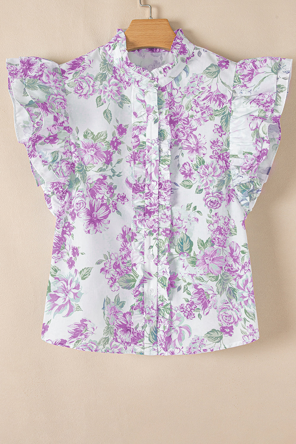 Sky Blue Floral Print Ruffle Sleeve Frill Shirt 58bdda2dfbd681b6