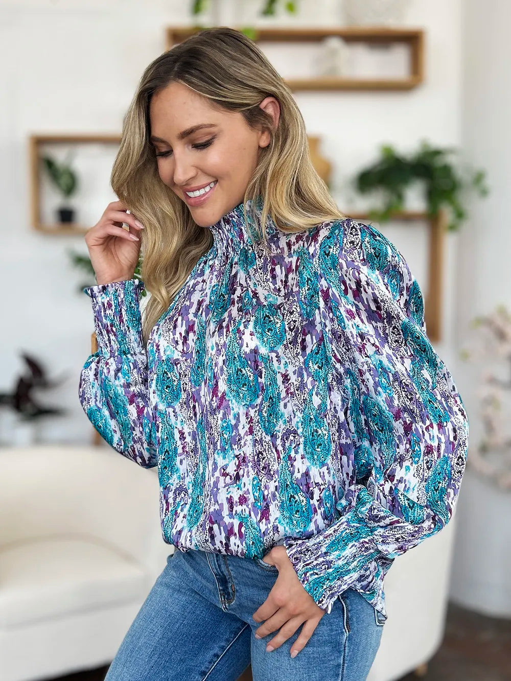 Double Take Full Size Printed Smocked Long Sleeve Blouse 58c1f58e-c652-4397-9bd2-3c71c7e8c26a-Max