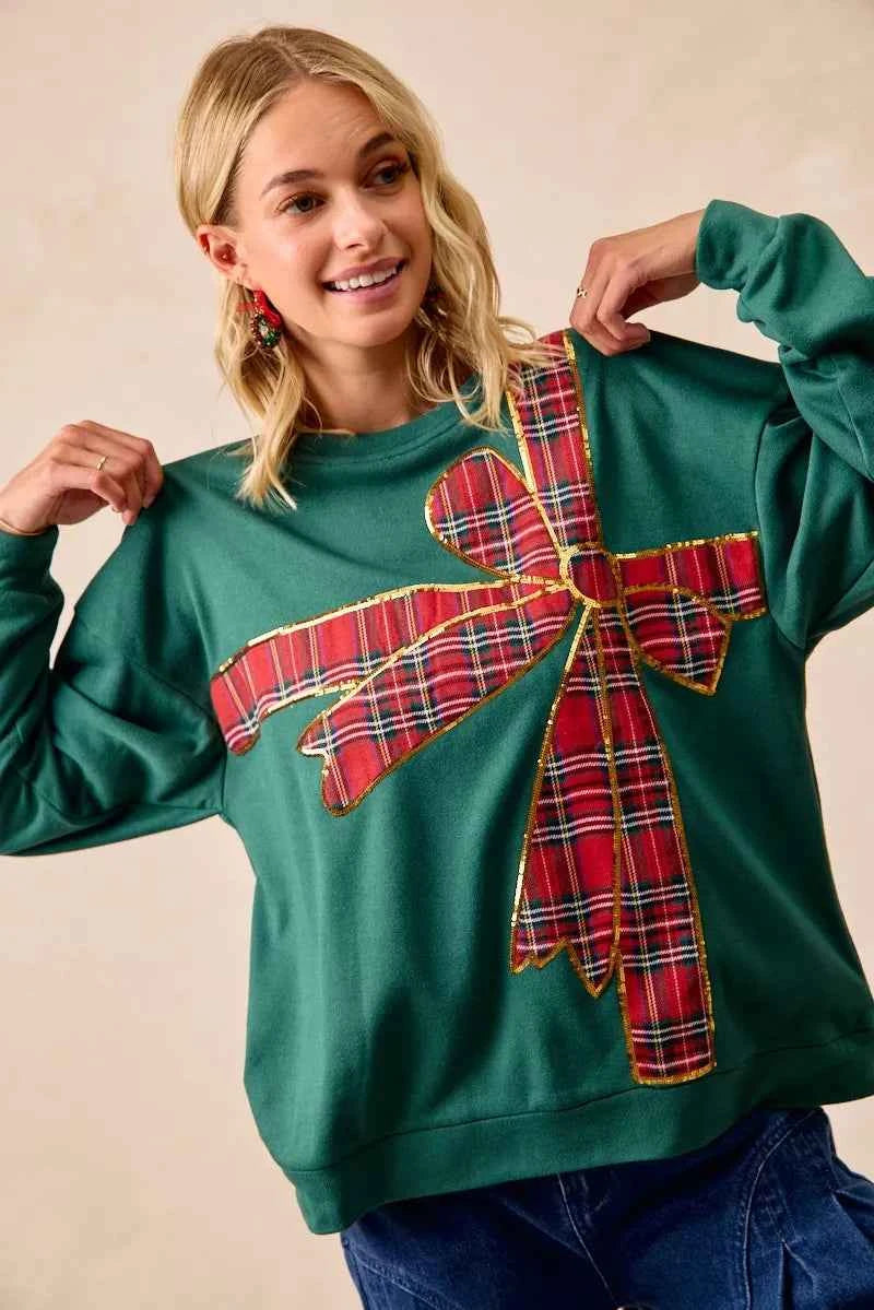 BiBi Plaid Ribbon Bow Detail Christmas Fleece Pullover 58c22e94b7be4c3b90854425c2cbf537-Max-Origin