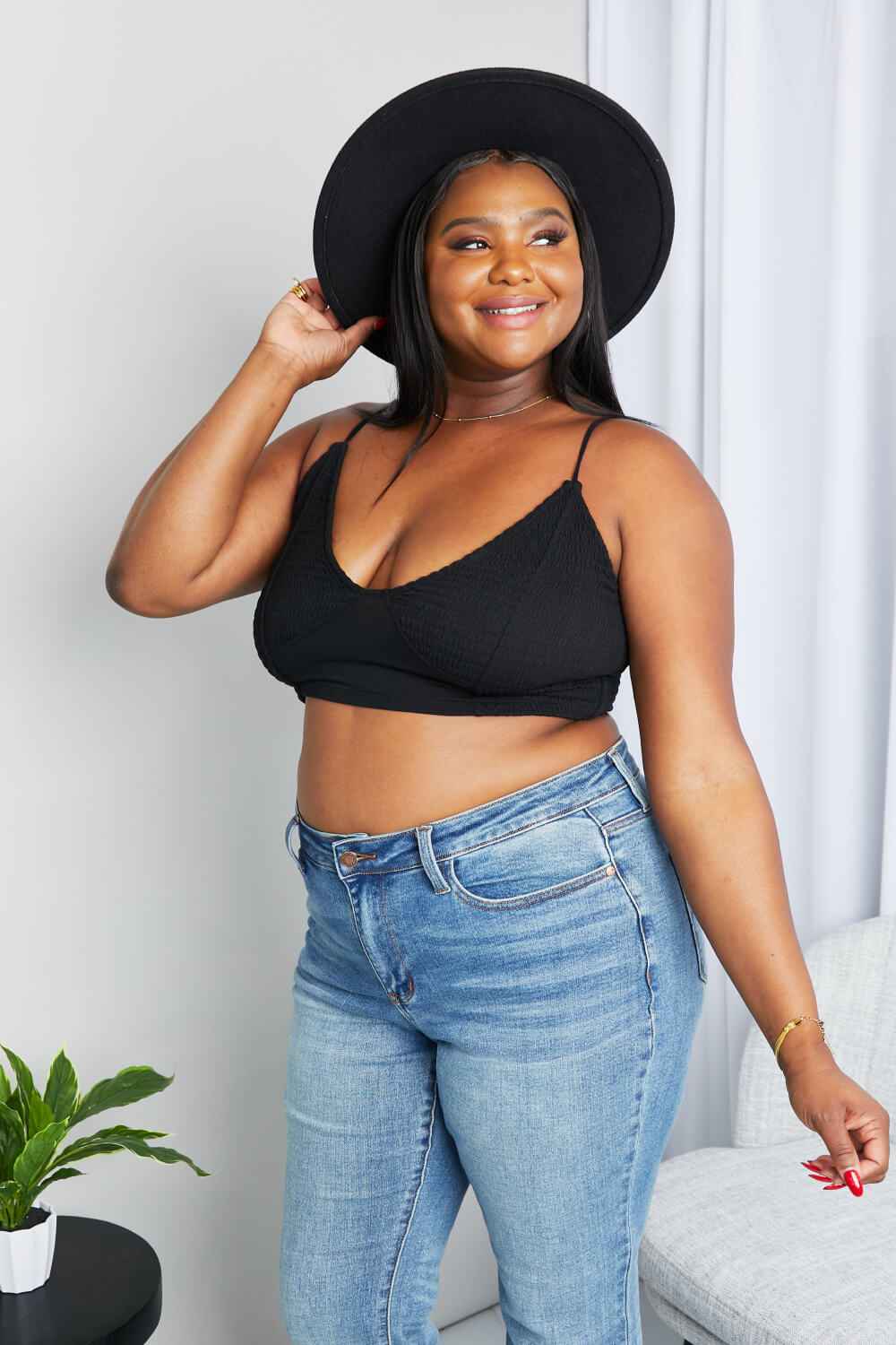 Zenana Full Size Textured Spaghetti Strap Bralette in Black 58c52652b4c845e0b9dc8e825aa6e935-Max