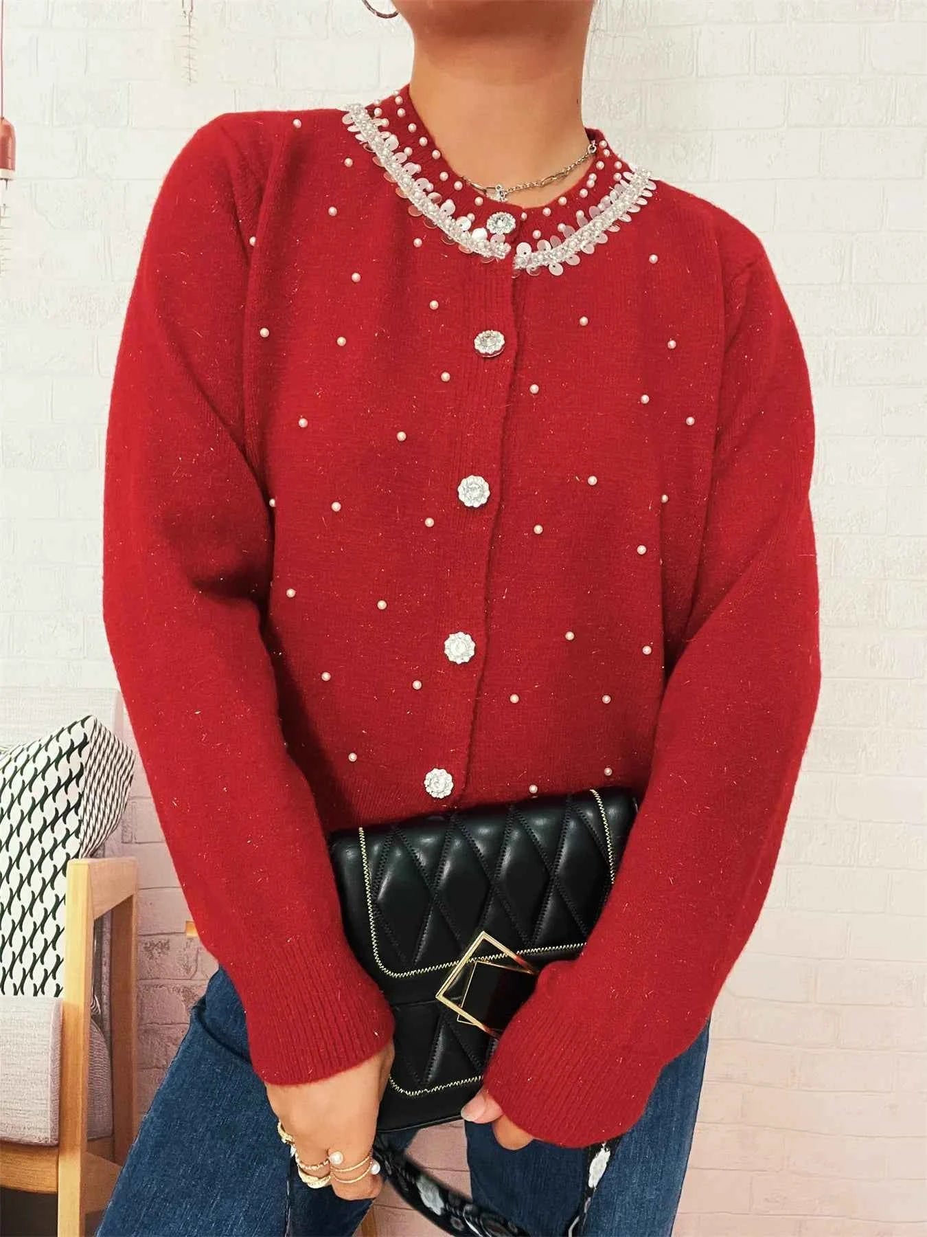 Pearl Detail Button-Front Cardigan 58c98c857b3547b09459b101a0513b7e-Max-Origin