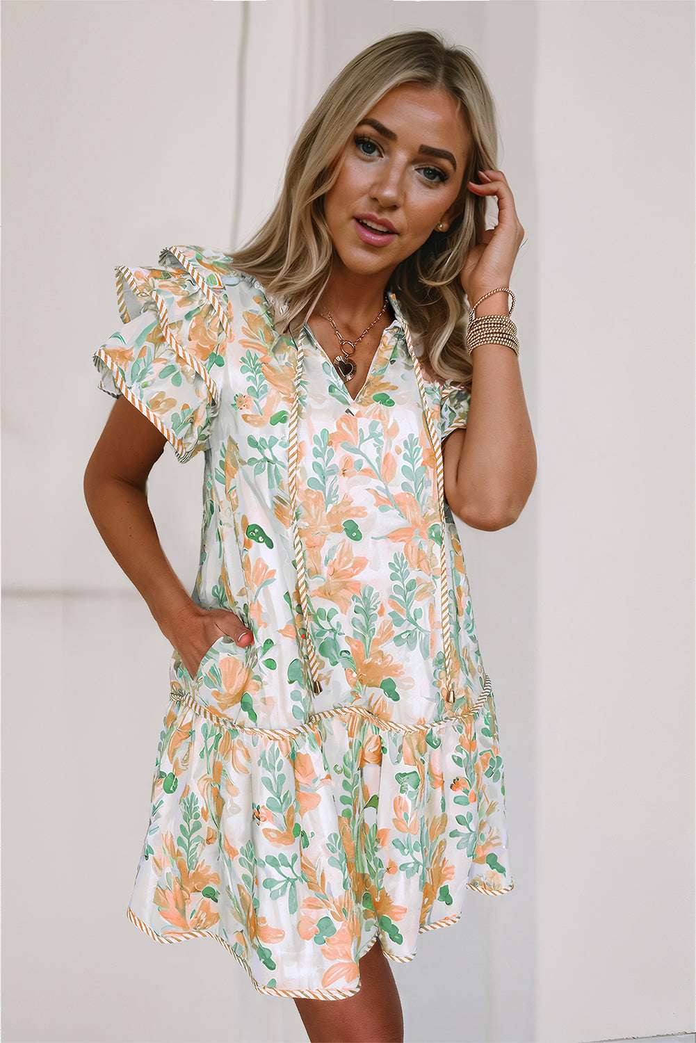 Sky Blue Floral Contrast Edge Ruffle Sleeve Tie Neck Mini Dress 58ca236416883cd7-_18