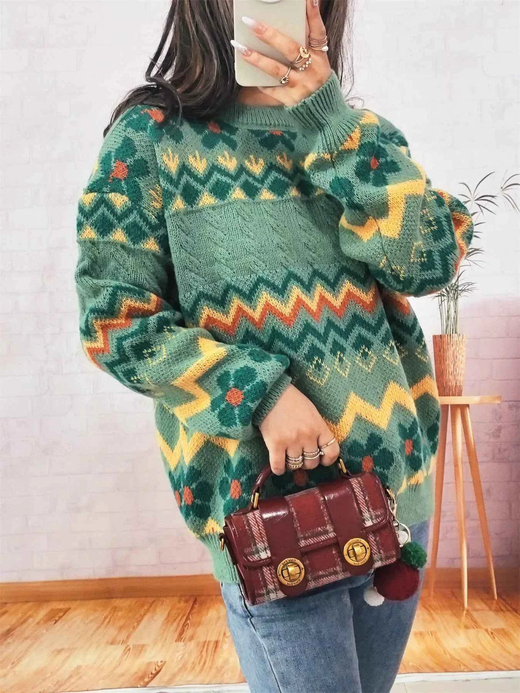 Geometric Round Neck Long Sleeve Sweater 58d51adbf7184b70b2a5c1881c5a34c7-Max-Origin