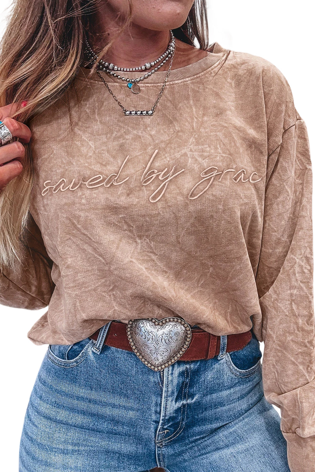 Sea Green saved by grace Letter Embroidery Mineral Wash Loose Sweatshirt DUNE 85%Cotton+15%Polyester 58d7f2fb80f48319