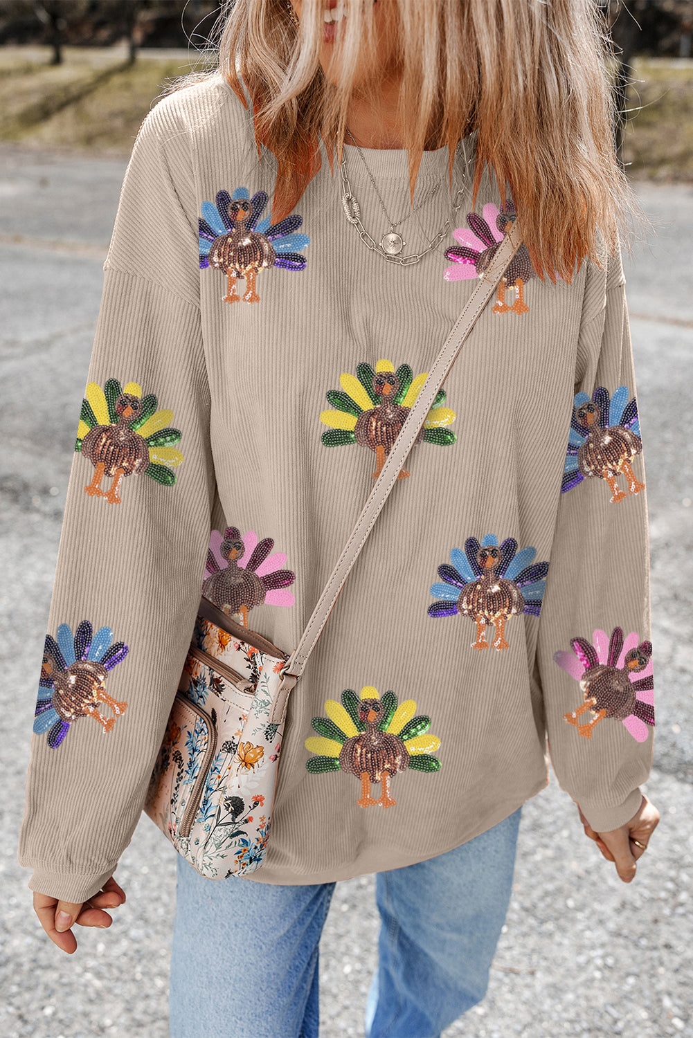 Smoke Gray Turkey Patch Application Graphic Corded Baggy Sweatshirt 58db3709fddc531c