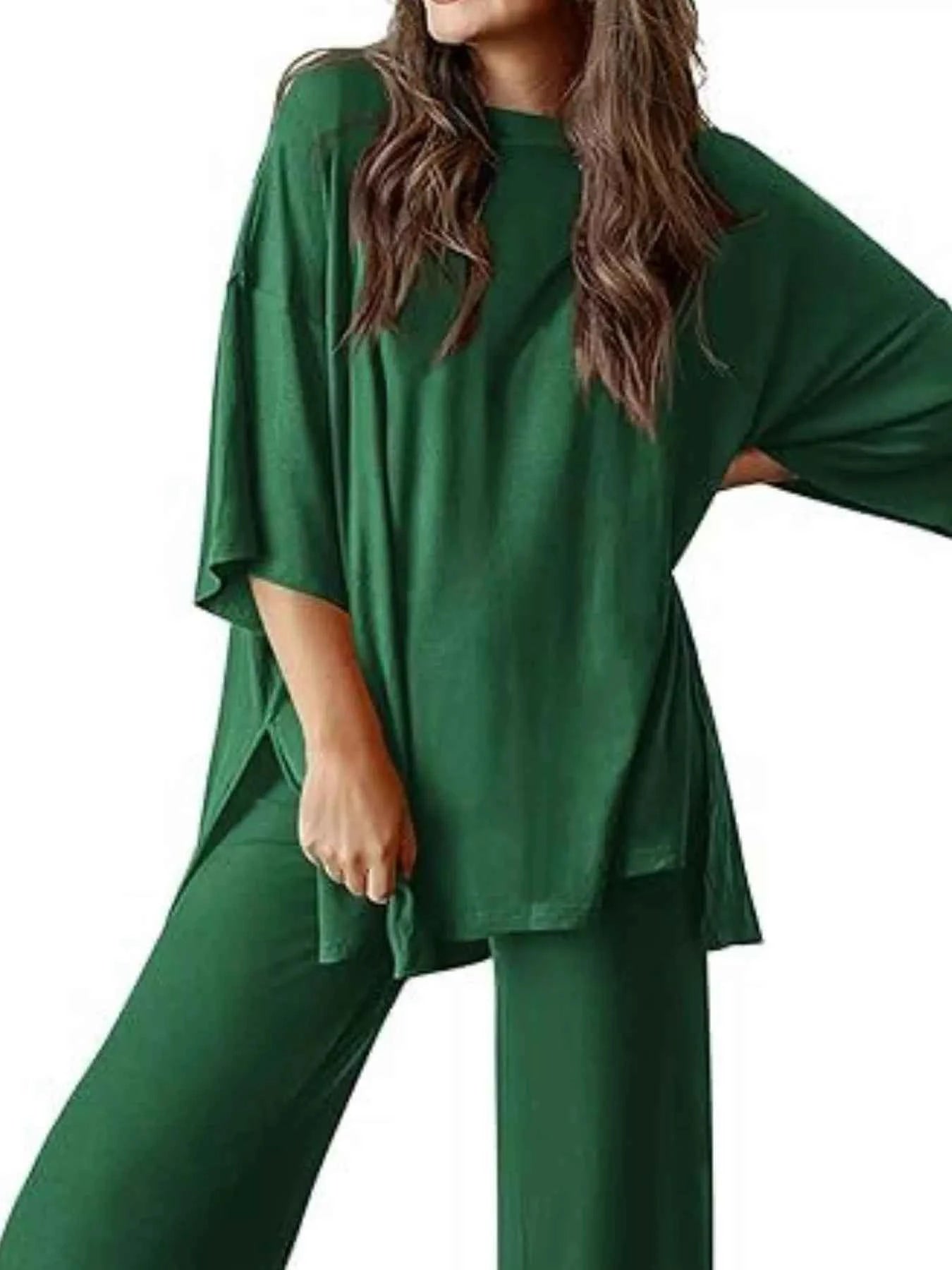 Slit Round Neck Top and Pants Set Dark Green 58e0e5ef-44b3-45e5-94f2-bf1b867a27fc-Max-Origin
