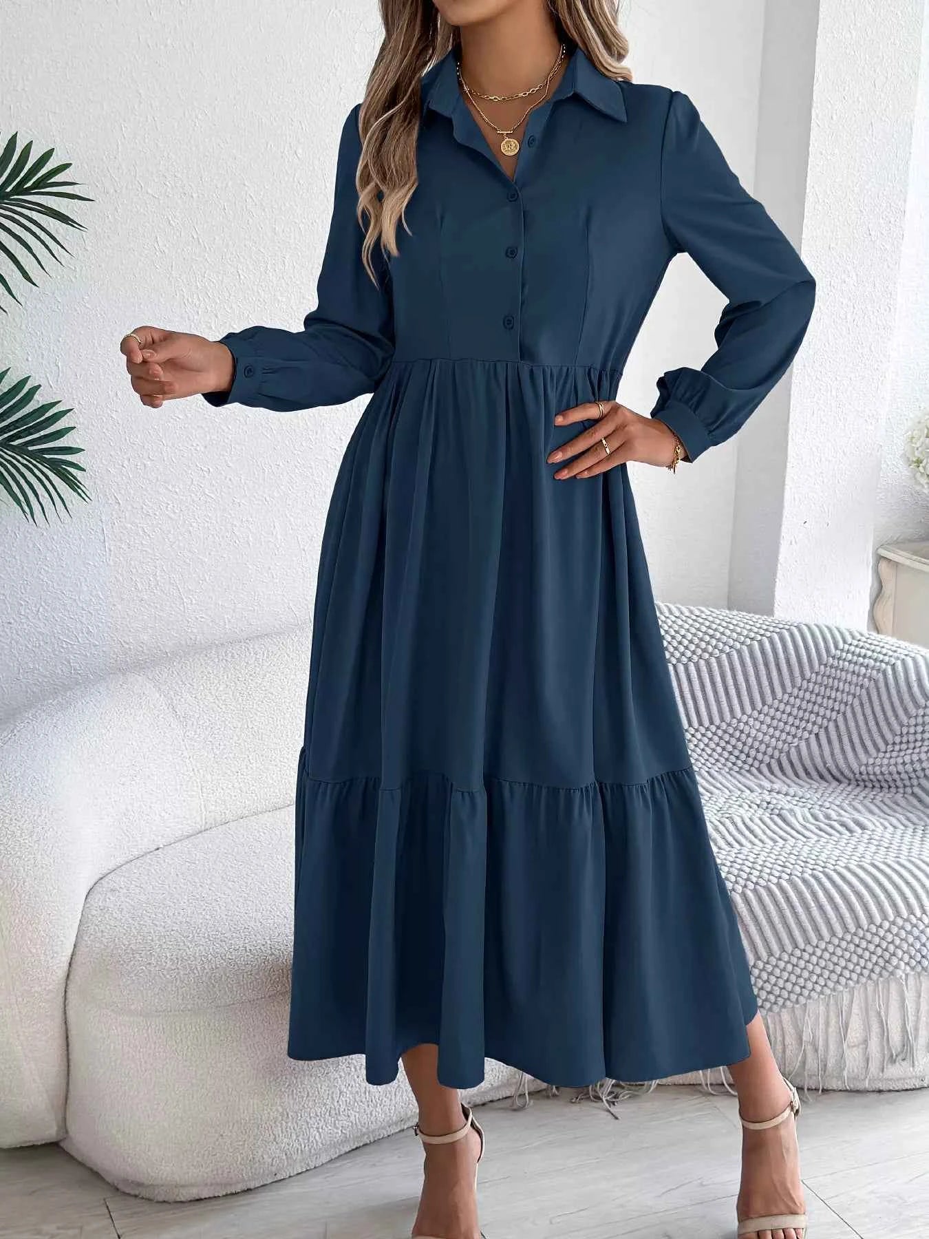 Long Sleeve Tiered Button Front Midi Dress 58e2c2cd387648a08dafb17266cf6f58-Max-Origin