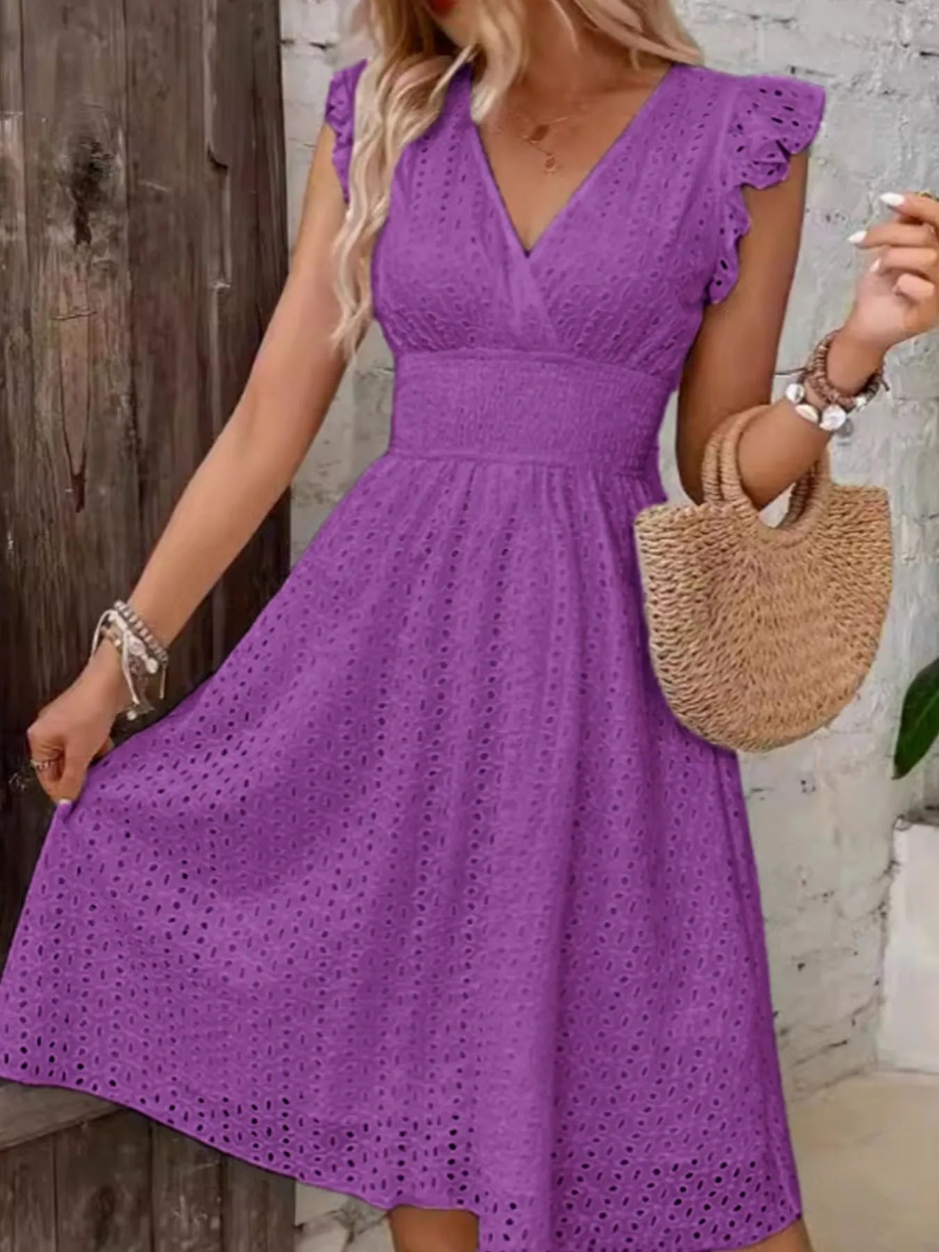 Eyelet Ruffled Cap Sleeve Mini Dress 58e438cd-0c0d-4f28-8189-9bc89f72444d-Max-Origin