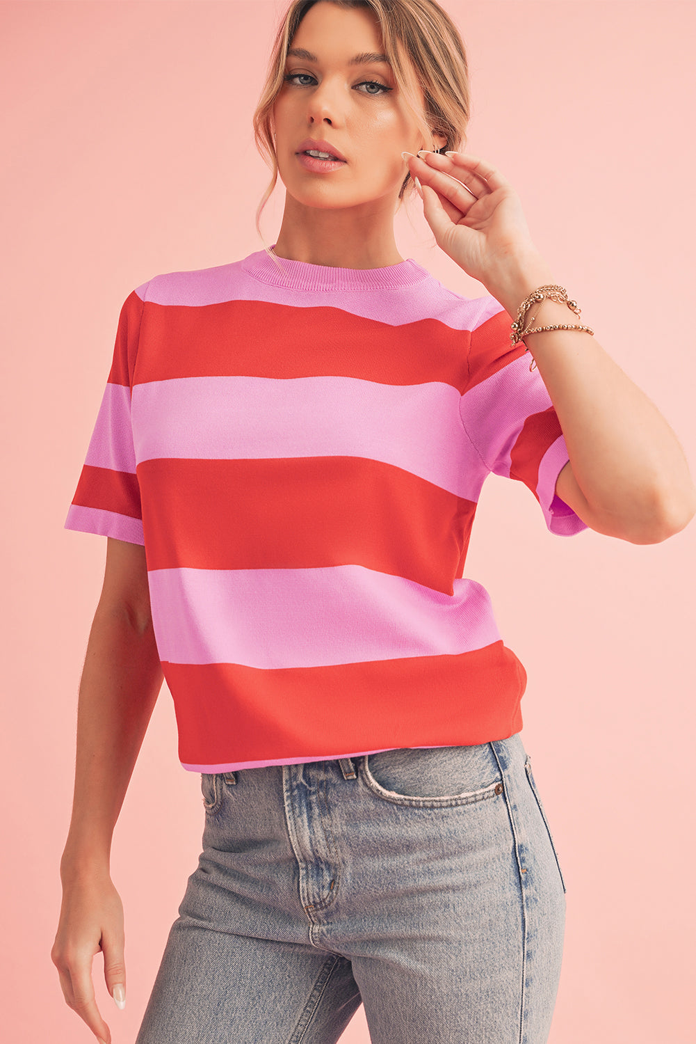 Bright Pink Colorblock Knitted Round Neck T Shirt 58e7ce5f93153d8c