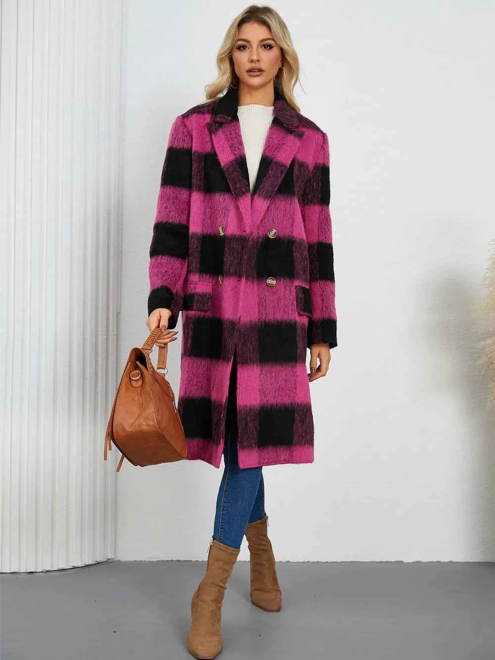 Plaid Double-Breasted Long Sleeve Coat Hot Pink 58ee0bc5-9124-4770-9ec0-f605e5ce28fb-Max