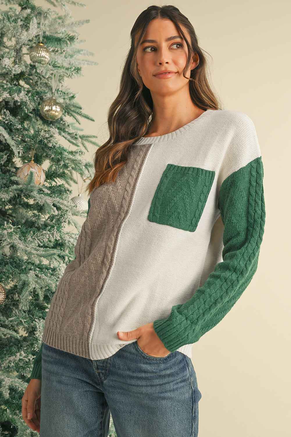 Vineyard Green Colorblock Pocket Drop Shoulder Sweater 58efd56cb6c3f78b