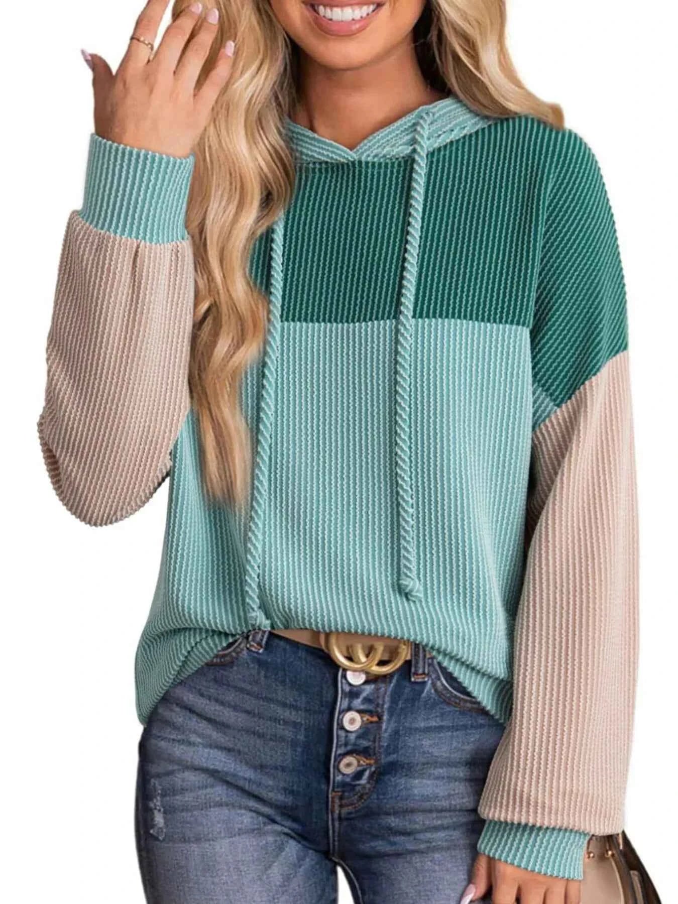 Drawstring Color Block Long Sleeve Hoodie 58f3310b7a8247a491b566bb720971a4-Max-Origin