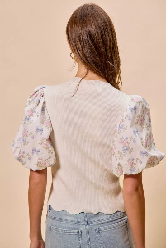 Floral Cotton Contrast Sleeves Scallop Sweater Top 58fc267b-02f0-42a8-870e-506d024a4069-Max-Origin
