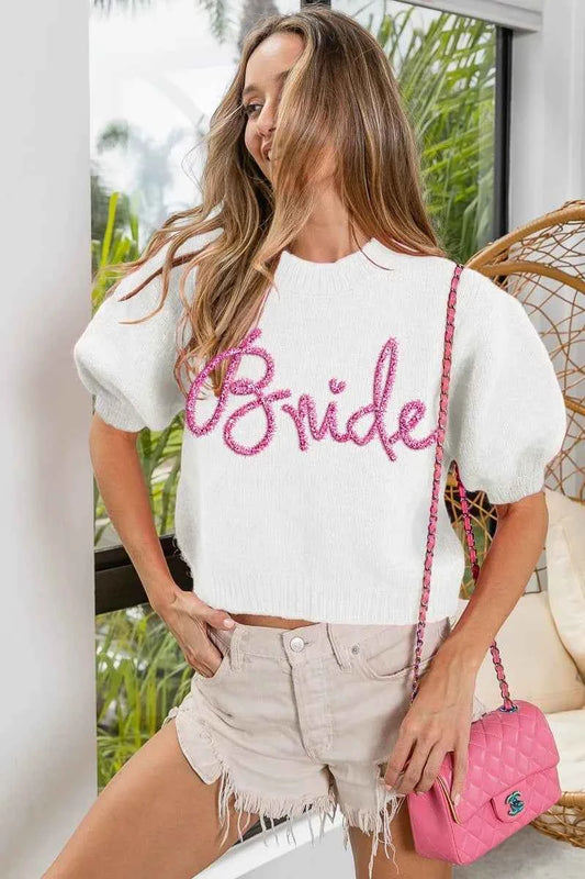 Metallic Letter Short Puff Sleeve Hairy Sweater 5901ce918aaf4a119443e2e707f972cd-Max-Origin
