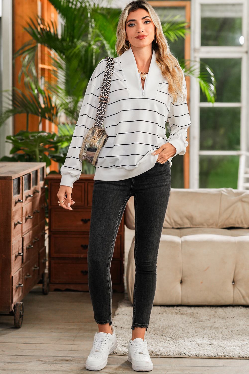 White Striped Zipper V-Neck Drop Sleeve Top 5901d665a995dae4