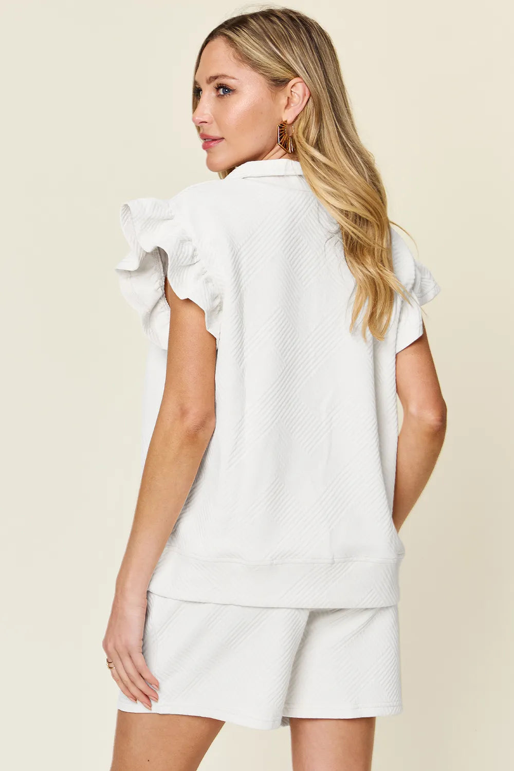 Double Take Full Size Texture Flounce Sleeve Top and Drawstring Shorts Set 59033ac0-562b-4573-93f1-fae603d5f312-Max