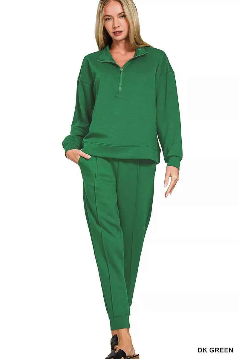 Zenana Scuba Half Zip Pullover and Jogger Set DK GREEN 590420d61a85486eb7b02f8d69979f62-Max-Origin